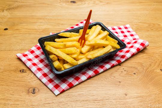 Belgian fries in a black shell with fork  : Stock Photo or Stock Video Download rcfotostock photos, images and assets rcfotostock | RC Photo Stock.: