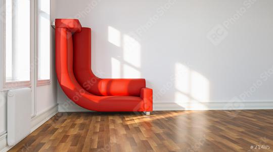 bended red Sofa bent to wall as a solution to space problem in a too small space   : Stock Photo or Stock Video Download rcfotostock photos, images and assets rcfotostock | RC Photo Stock.: