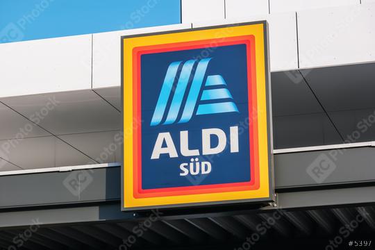 BERLIN, GERMANY JULY 2019: ALDI sign at the entrance to an store in Germany - Aldi is is a global discount supermarket chain based in Germany.  : Stock Photo or Stock Video Download rcfotostock photos, images and assets rcfotostock | RC Photo Stock.: