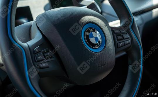 BERLIN, GERMANY JULY 2019: Detail of BMW i3 Electric Car Dashboard and Wheel. BMW i3 is a five-door urban electric car developed by the German manufacturer BMW.  : Stock Photo or Stock Video Download rcfotostock photos, images and assets rcfotostock | RC Photo Stock.: