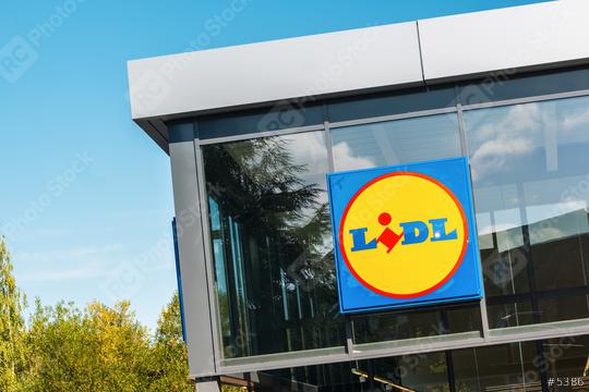 BERLIN, GERMANY JULY 2019: Lidl logo on Lidl supermarket. Lidl is a german supermarket chain  : Stock Photo or Stock Video Download rcfotostock photos, images and assets rcfotostock | RC Photo Stock.:
