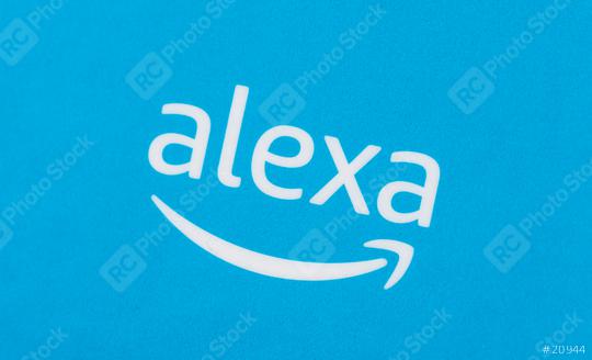 BERLIN, GERMANY JUNE 2020: Amazon Alexa logo on a blue parcel background. Amazon