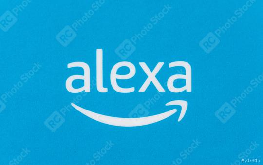 BERLIN, GERMANY JUNE 2020: Amazon Alexa logo on a blue parcel background. Amazon