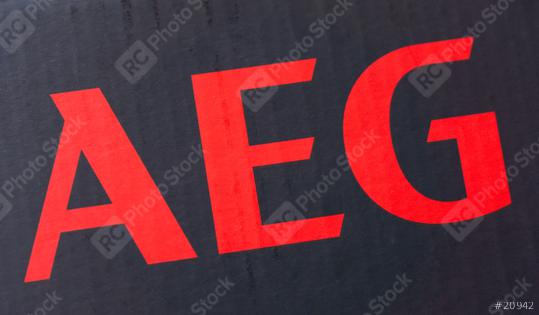 BERLIN, GERMANY JUNE 2020: The logo of the brand "AEG" printed on a black parcel. Allgemeine Elektricitaets-Gesellschaft was German producer of electrical equipment, in 2005 now it is Electrolux.  : Stock Photo or Stock Video Download rcfotostock photos, images and assets rcfotostock | RC Photo Stock.: