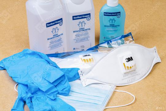 BERLIN, GERMANY MARCH 15, 2020: bottles hand disinfectant Sterillium Virugard with 3m protection mask,and gloves. To prevent corona virus COVID-19 infection.  : Stock Photo or Stock Video Download rcfotostock photos, images and assets rcfotostock | RC-Photo-Stock.: