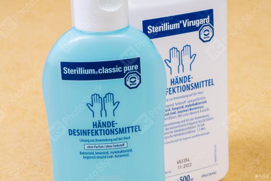 BERLIN, GERMANY MARCH 15, 2020: Two bottles hand disinfectant Sterillium Virugard. To prevent corona virus COVID-19 infection.  : Stock Photo or Stock Video Download rcfotostock photos, images and assets rcfotostock | RC-Photo-Stock.: