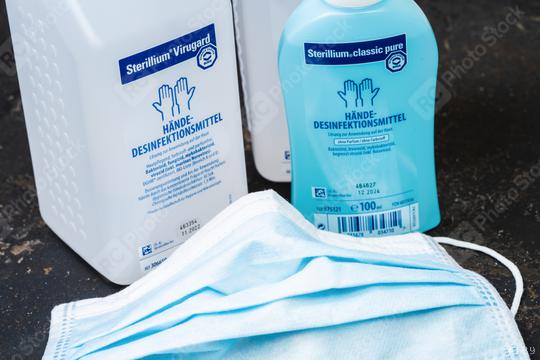 BERLIN, GERMANY MARCH 15, 2020: Two bottles hand disinfectant Sterillium Virugard with mask. To prevent corona virus COVID-19 infection.  : Stock Photo or Stock Video Download rcfotostock photos, images and assets rcfotostock | RC-Photo-Stock.: