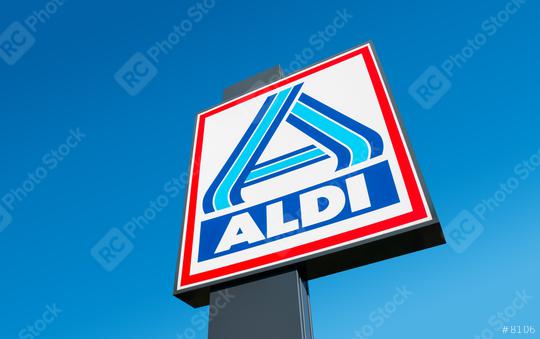 BERLIN, GERMANY OCTOBER, 2017: Aldi sign (north division) against blue sky. Aldi is a leading global discount supermarket chain with almost 10,000 stores in 18 countries.  : Stock Photo or Stock Video Download rcfotostock photos, images and assets rcfotostock | RC Photo Stock.: