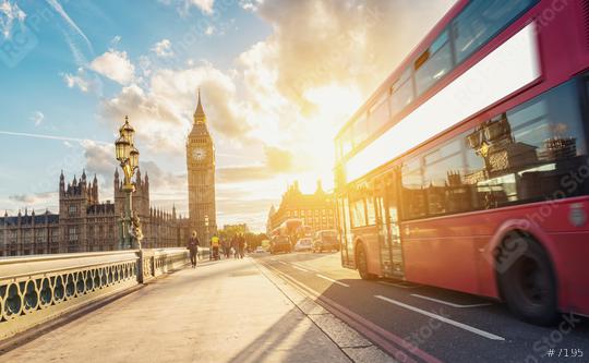 Big Ben, Westminster Bridge and red double decker bus at sunset in London   : Stock Photo or Stock Video Download rcfotostock photos, images and assets rcfotostock | RC Photo Stock.: