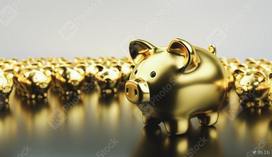 Big golden piggy bank in front of small golden piggy banks, investment and development concept   : Stock Photo or Stock Video Download rcfotostock photos, images and assets rcfotostock | RC Photo Stock.: