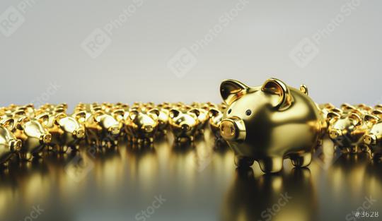 Big golden piggy bank with small golden piggy banks, investment and development concept   : Stock Photo or Stock Video Download rcfotostock photos, images and assets rcfotostock | RC-Photo-Stock.: