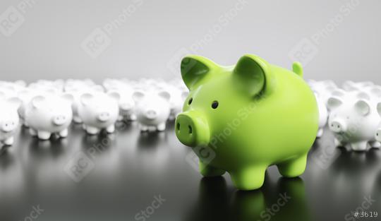 Big green piggy bank with small white piggy banks on a table  : Stock Photo or Stock Video Download rcfotostock photos, images and assets rcfotostock | RC-Photo-Stock.: