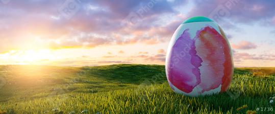 big painted colorful watercolor easter egg at easter on sunrise or sunset on a meadow landscape, Panoramic backgroud, with copyspace for your individual text.  : Stock Photo or Stock Video Download rcfotostock photos, images and assets rcfotostock | RC Photo Stock.:
