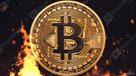 Bitcoin - bit coin BTC cryptocurrency money burning in flames and fire sparkles  : Stock Photo or Stock Video Download rcfotostock photos, images and assets rcfotostock | RC Photo Stock.: