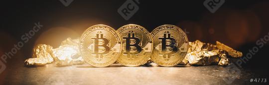Bitcoin cryptocurrency and mound of gold nuggets  - Business concept image  : Stock Photo or Stock Video Download rcfotostock photos, images and assets rcfotostock | RC Photo Stock.: