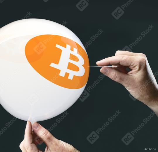 bitcoins - bit coin BTC the new virtual money on balloon with needle in hand before burst  : Stock Photo or Stock Video Download rcfotostock photos, images and assets rcfotostock | RC Photo Stock.: