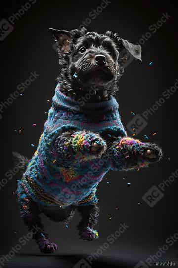 Black jork terrier jumping in colorful sewater in confetti on a Party (Generative AI)  : Stock Photo or Stock Video Download rcfotostock photos, images and assets rcfotostock | RC Photo Stock.: