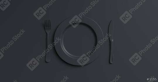 Blank black plate mockup with fork and knife, top view. Clear ceramic dishware with set cutlery design. Empty black  table ware for lunch or dinner in cafe. copyspace for your individual text.  : Stock Photo or Stock Video Download rcfotostock photos, images and assets rcfotostock | RC Photo Stock.: