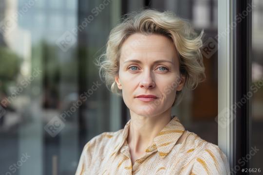 Blonde woman in patterned blouse, city reflection in glass background  : Stock Photo or Stock Video Download rcfotostock photos, images and assets rcfotostock | RC Photo Stock.:
