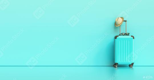 Blue suitcase with sun glasses, hat on pastel blue background. travel concept, with copy space for individual text  : Stock Photo or Stock Video Download rcfotostock photos, images and assets rcfotostock | RC Photo Stock.: