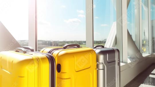 Bright yellow and metallic suitcases stand aligned by a large window in an airport, basking in the sunlight with a scenic view of the tarmac and sky outside  : Stock Photo or Stock Video Download rcfotostock photos, images and assets rcfotostock | RC Photo Stock.: