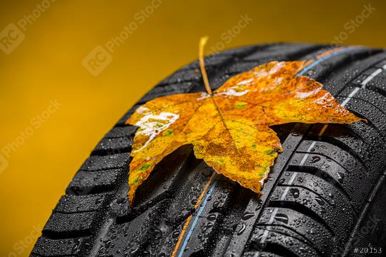 Canadian Car tire with maple leaf in autumn and raindrops  : Stock Photo or Stock Video Download rcfotostock photos, images and assets rcfotostock | RC Photo Stock.: