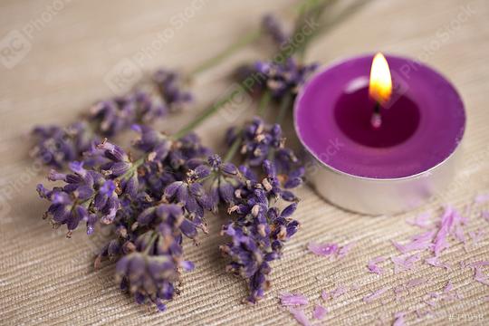 candel with flamme with lavender  : Stock Photo or Stock Video Download rcfotostock photos, images and assets rcfotostock | RC Photo Stock.: