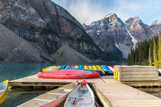 Canoes on Moraine Lake in the Banff National Park canada  : Stock Photo or Stock Video Download rcfotostock photos, images and assets rcfotostock | RC Photo Stock.:
