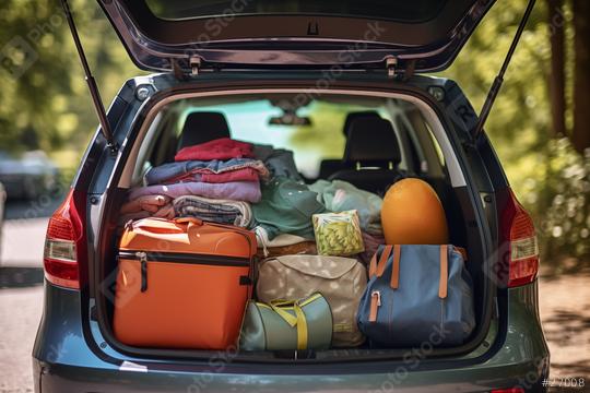 Car trunk loaded with bags and a blanket, ready for travel  : Stock Photo or Stock Video Download rcfotostock photos, images and assets rcfotostock | RC Photo Stock.: