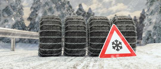 change a car tires from summer for winter, danger sign on the snow road  : Stock Photo or Stock Video Download rcfotostock photos, images and assets rcfotostock | RC Photo Stock.: