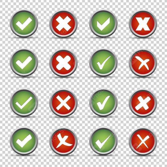Checkmark and cross buttons set on checked transparent background. Vector illustration. Eps 10 vector file.  : Stock Photo or Stock Video Download rcfotostock photos, images and assets rcfotostock | RC Photo Stock.: