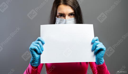 cheerful and healthy young woman wearing medical mask and gloves holding a empty sheet of paper to prevent others from corona COVID-19 and SARS cov 2 infection, copy space for individual text  : Stock Photo or Stock Video Download rcfotostock photos, images and assets rcfotostock | RC Photo Stock.: