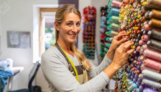 cheerful seamstress woman with a measuring tape around her neck is selecting threads for a sewing machine from a colorful wall-mounted thread display in a sewing workspace  : Stock Photo or Stock Video Download rcfotostock photos, images and assets rcfotostock | RC Photo Stock.: