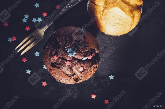Chocolate muffin and vanilla muffin with fork, homemade bakery, on dark background  : Stock Photo or Stock Video Download rcfotostock photos, images and assets rcfotostock | RC Photo Stock.: