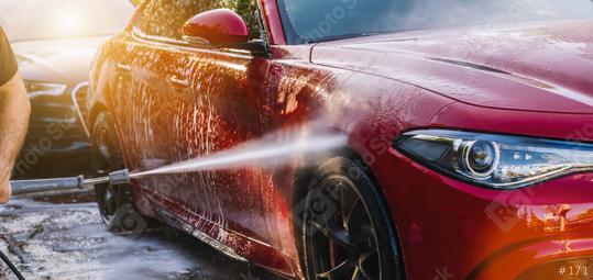Cleaning red Car Using High Pressure Water in a Car Wash  : Stock Photo or Stock Video Download rcfotostock photos, images and assets rcfotostock | RC Photo Stock.: