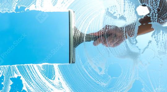 cleaning window with squeegee blue sky  : Stock Photo or Stock Video Download rcfotostock photos, images and assets rcfotostock | RC-Photo-Stock.: