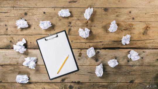 Clipboard with white sheet on wood background and Crumpled paper balls, with copyspace for your individual text.  : Stock Photo or Stock Video Download rcfotostock photos, images and assets rcfotostock | RC Photo Stock.: