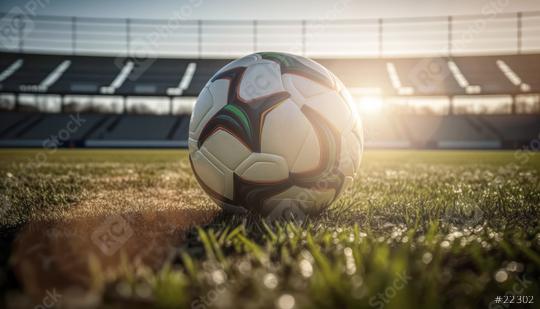 Close up of a soccer ball of the grass in the center of the stadium illuminated by sunlight (Generative AI)  : Stock Photo or Stock Video Download rcfotostock photos, images and assets rcfotostock | RC Photo Stock.: