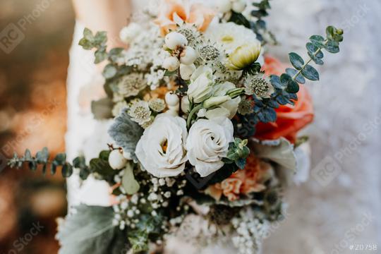 Close up of a vintage wedding bouquet with beautiful colors. Green and white flowers. Bride holds the colorful flowers with white dress.  : Stock Photo or Stock Video Download rcfotostock photos, images and assets rcfotostock | RC Photo Stock.: