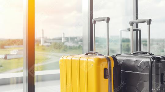 Close-up of a vibrant yellow suitcase and a dark patterned suitcase, both with extended handles, placed by a large airport window with a view of the runway and control tower outside  : Stock Photo or Stock Video Download rcfotostock photos, images and assets rcfotostock | RC Photo Stock.: