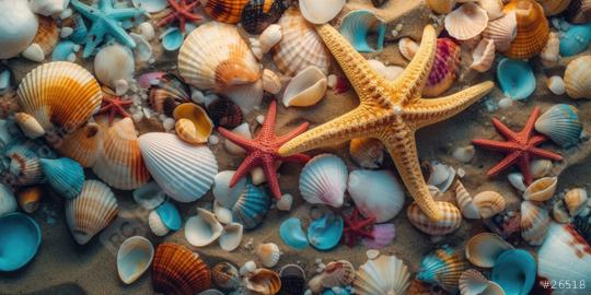 Close-up of colorful shells and starfish scattered on sandy beach  : Stock Photo or Stock Video Download rcfotostock photos, images and assets rcfotostock | RC Photo Stock.: