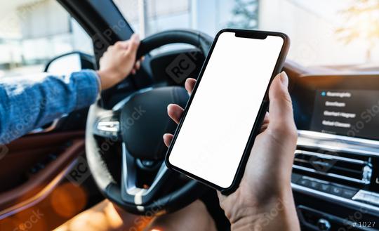 Close-up of Woman holding black mobile phone in hands with blank desktop screen while car driving at summer in the city, Mockup image  : Stock Photo or Stock Video Download rcfotostock photos, images and assets rcfotostock | RC Photo Stock.: