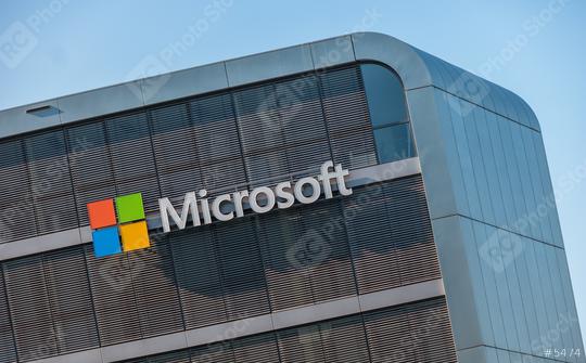 COLOGNE, GERMANY OCTOBER, 2017: Microsoft logo on a building. Microsoft is an international corporation that develops, supports and sells computer software and services worldwide.  : Stock Photo or Stock Video Download rcfotostock photos, images and assets rcfotostock | RC Photo Stock.: