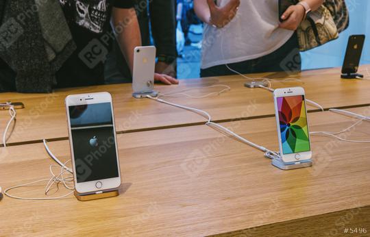 COLOGNE, GERMANY OCTOBER, 2017: presentation of the iPhone 8 and iPhone 8 plus and sales of new Apple products in the official Apple store. The new iPhones stand in a row.  : Stock Photo or Stock Video Download rcfotostock photos, images and assets rcfotostock | RC Photo Stock.: