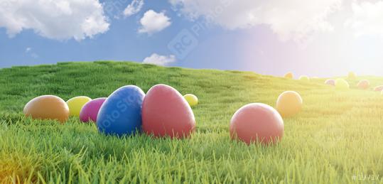colorful easter eggs on a green meadow with sunlight, easter concept image - 3D Rendering  : Stock Photo or Stock Video Download rcfotostock photos, images and assets rcfotostock | RC Photo Stock.:
