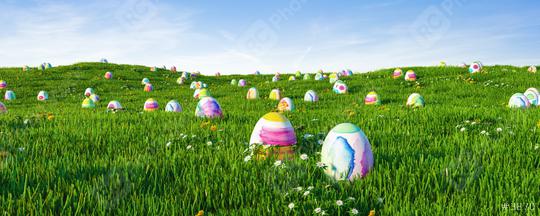 Colorful easter eggs on meadow for easter as a panorama background header  : Stock Photo or Stock Video Download rcfotostock photos, images and assets rcfotostock | RC Photo Stock.: