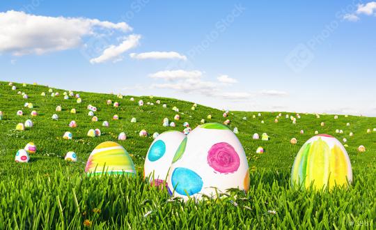 Colorful easter eggs on meadow over bright spring cloudy sky, with copy space  : Stock Photo or Stock Video Download rcfotostock photos, images and assets rcfotostock | RC Photo Stock.: