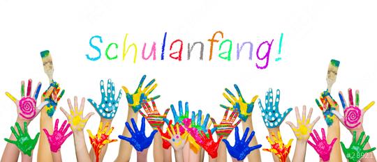 Colorful painted hands of children raised in celebration with the word "Schulanfang!" written in vibrant colors above, symbolizing the joy of starting school and creativity in a fun and cheerful setti  : Stock Photo or Stock Video Download rcfotostock photos, images and assets rcfotostock | RC Photo Stock.: