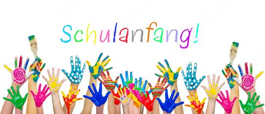 Colorful painted hands of children raised in celebration with the word "Schulanfang!" written in vibrant colors above, symbolizing the joy of starting school and creativity in a fun and chee  : Stock Photo or Stock Video Download rcfotostock photos, images and assets rcfotostock | RC Photo Stock.: