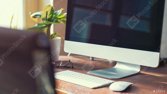 Computer on desktop in hipster workplace office - no people  : Stock Photo or Stock Video Download rcfotostock photos, images and assets rcfotostock | RC Photo Stock.: